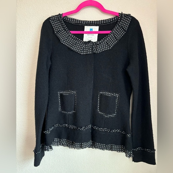 Sparrow Anthropologie Au Fait 100% Merino Wool Raw Hem Ribbon Trim Cardigan M - Picture 2 of 9